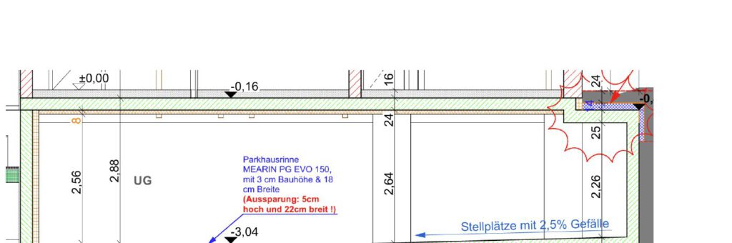 Schnitt durch eine Tiefgarage mit lichten Höhen – Randbedingung Stützenlänge