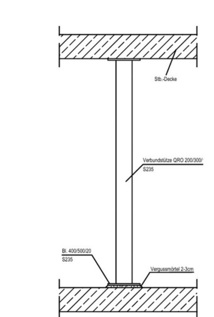 Detail Verbundstütze QRO 200/300 mit Kopf- und Fußplatte und Vergussmörtel